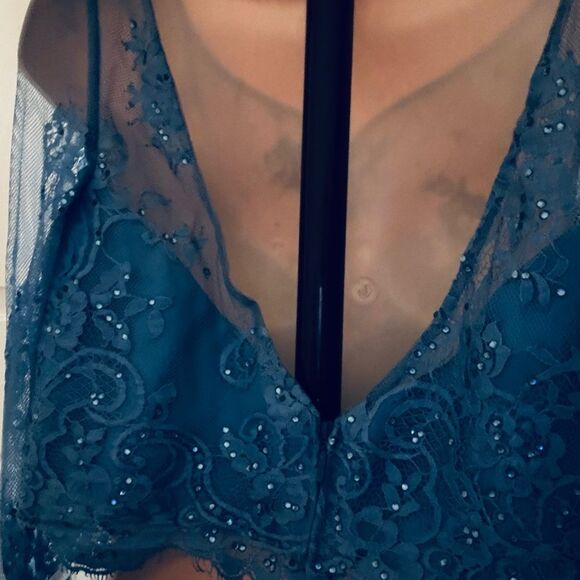 Sherri Hill Blue and White Bishop Sleeve Prom Dress - Picture 9 of 15